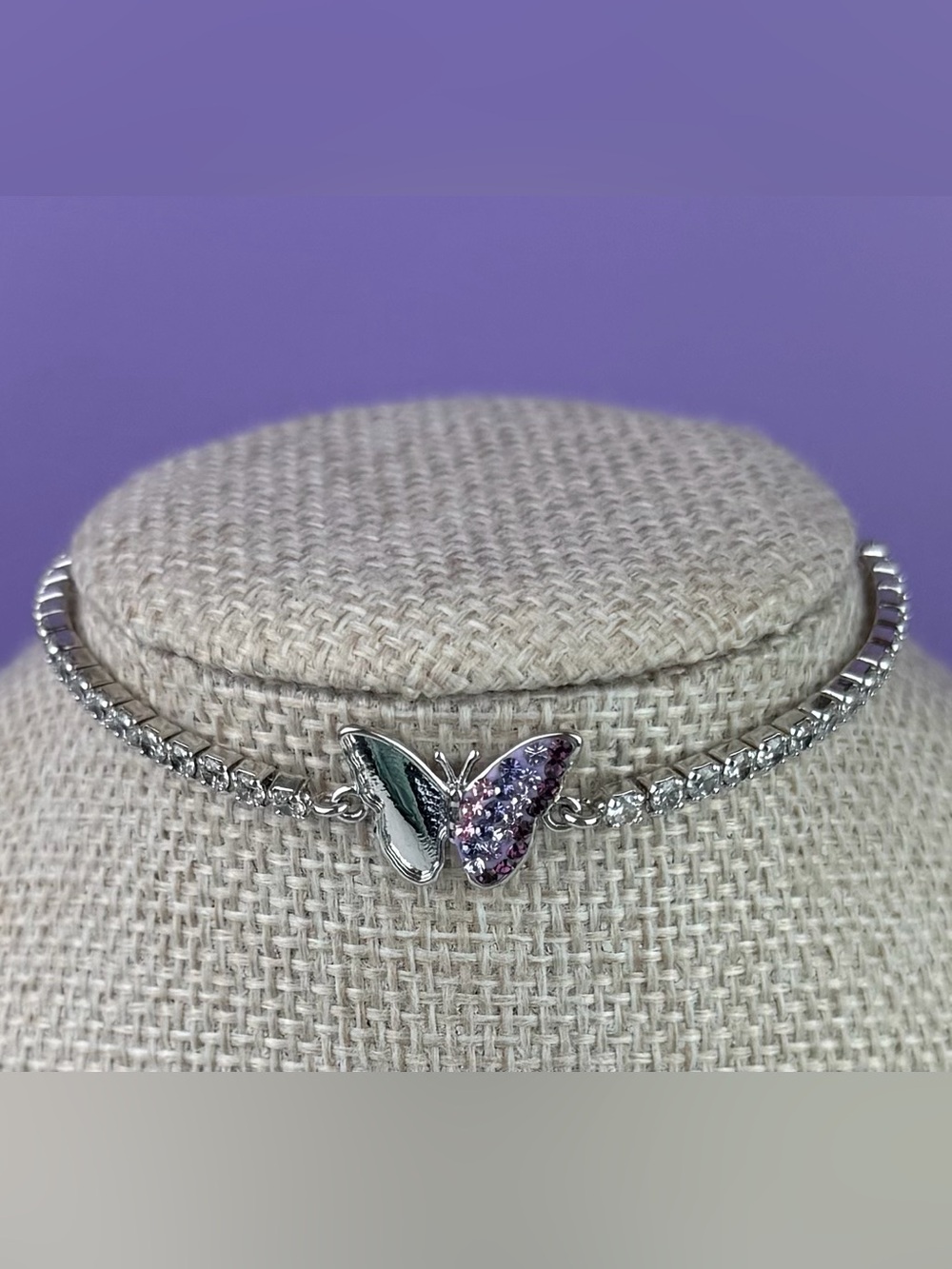 Sparkling Butterfly Tennis Bolo Bracelet – Silver Tone Purples/Pinks